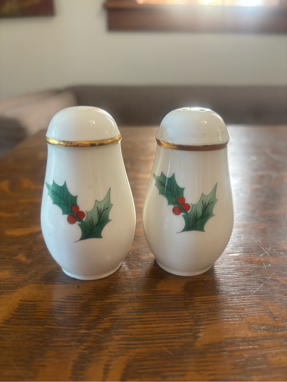 Mikasa White Porcelain Holly Salt and Pepper Shakers with Gold Trim